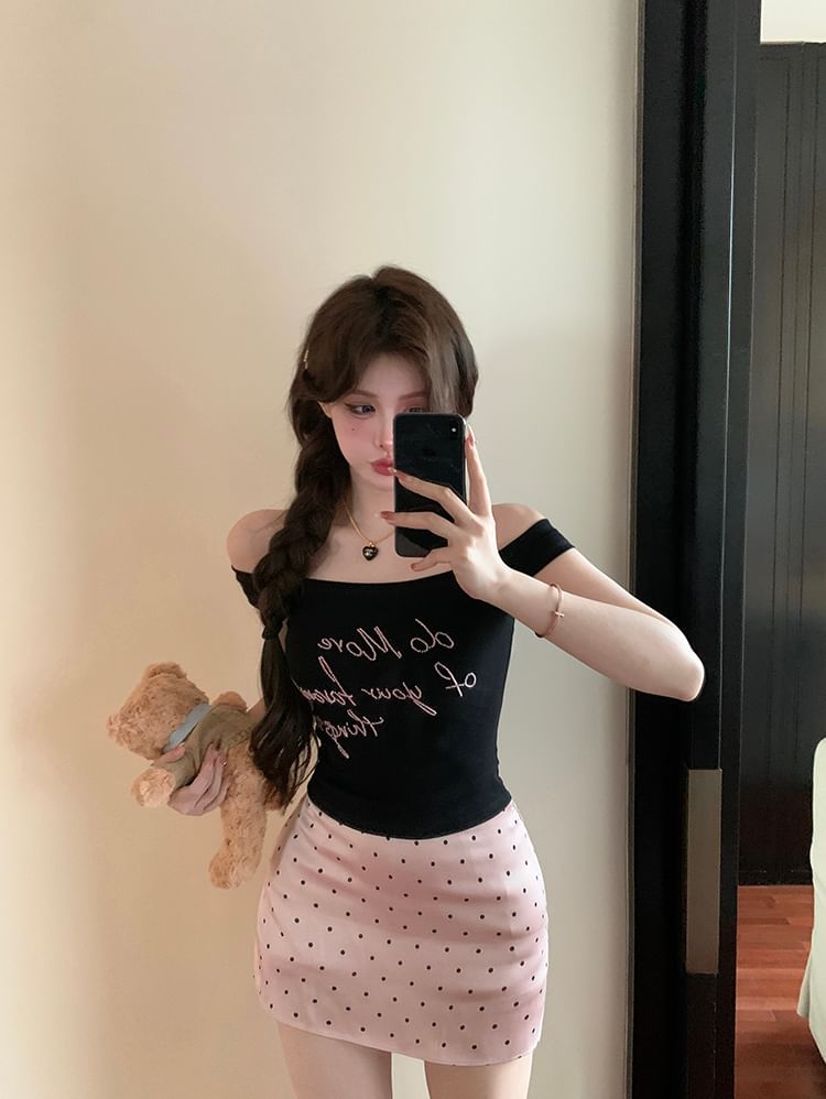 Embroidered Top High Waist Skirt Tank Fit Pencil Off-Shoulder Dotted Slim / Lettering Mini
