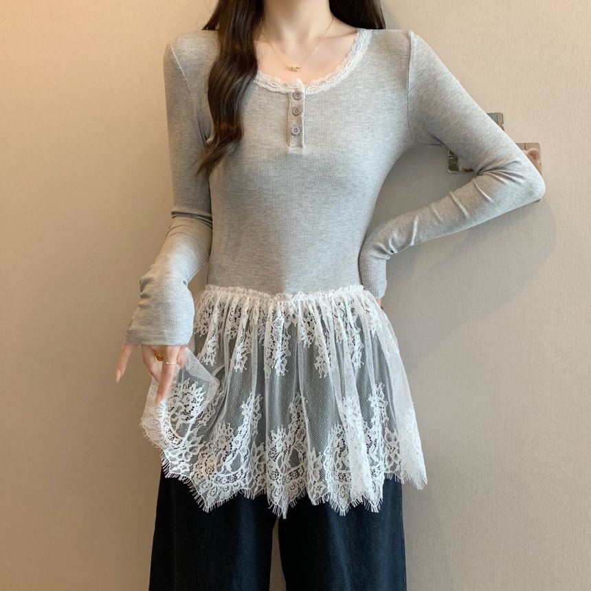 T-Shirt Henley Slim Peplum Long-Sleeve Fit Panel Lace