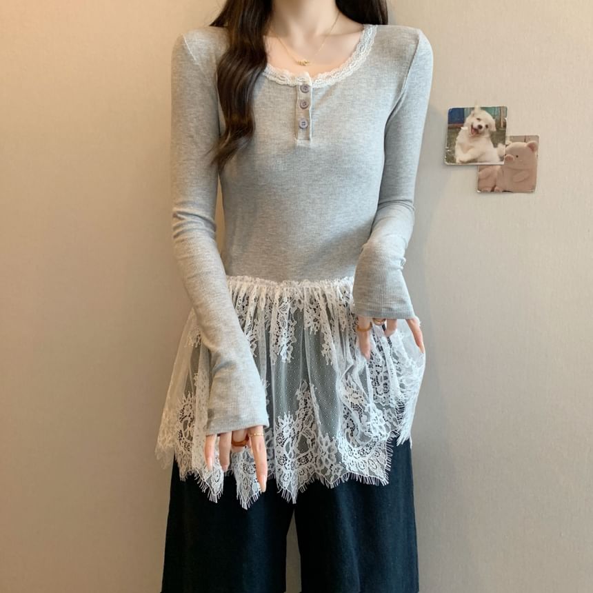 T-Shirt Henley Slim Peplum Long-Sleeve Fit Panel Lace