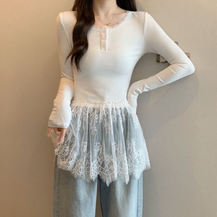 T-Shirt Henley Slim Peplum Long-Sleeve Fit Panel Lace