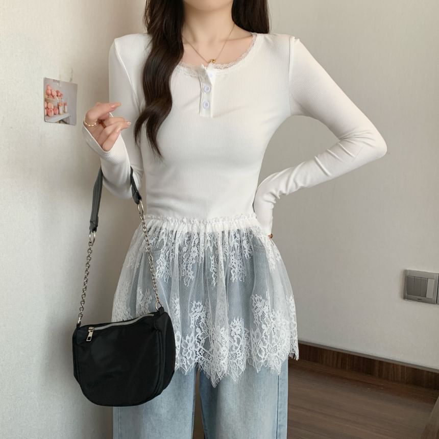 T-Shirt Henley Slim Peplum Long-Sleeve Fit Panel Lace