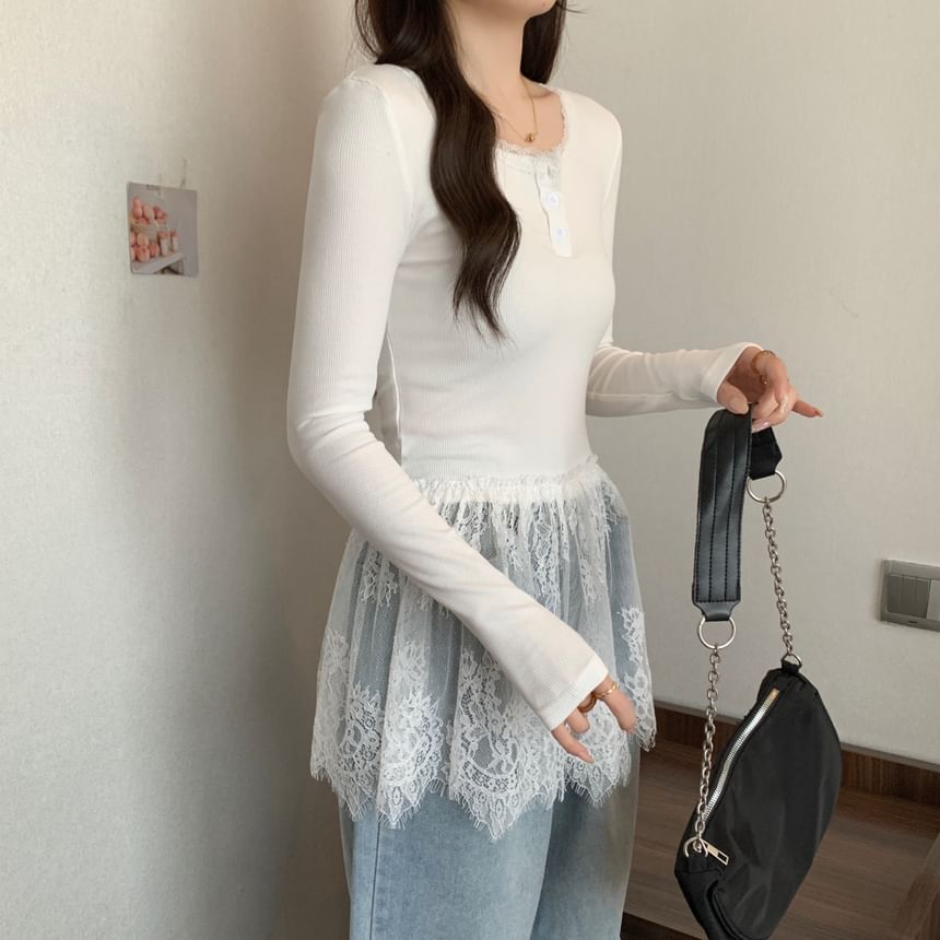 T-Shirt Henley Slim Peplum Long-Sleeve Fit Panel Lace