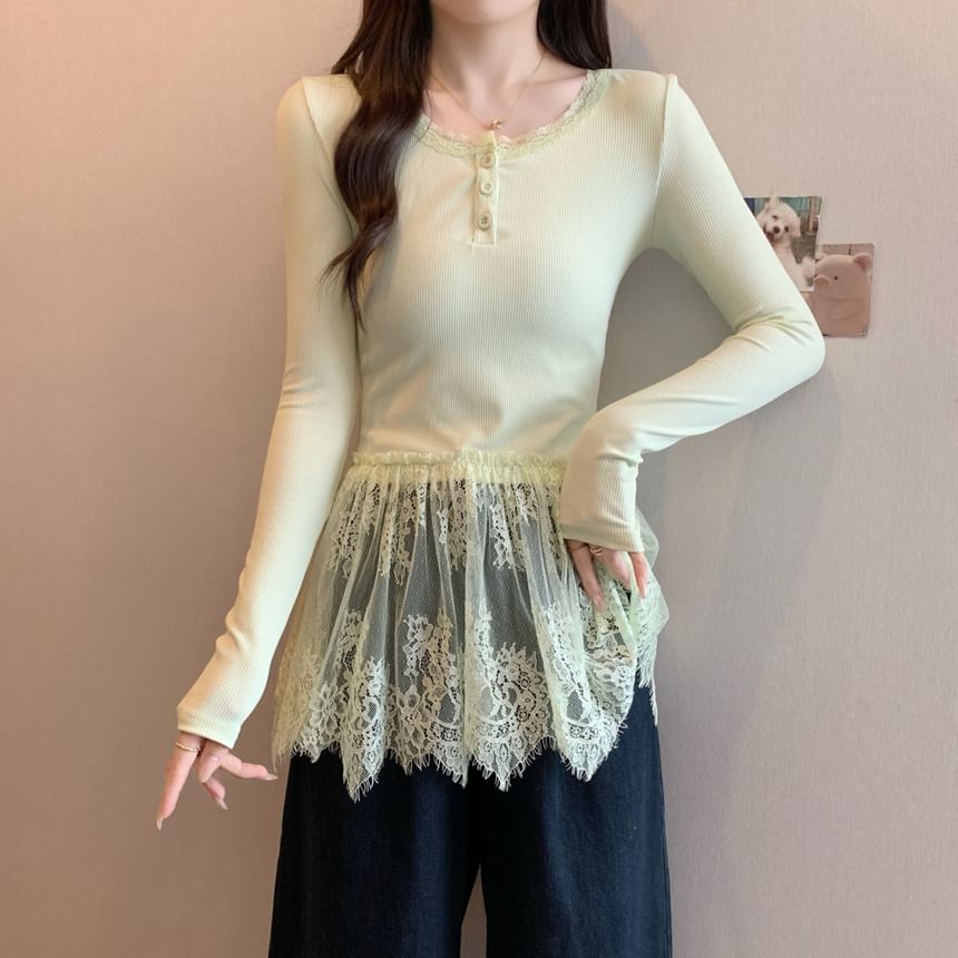 T-Shirt Henley Slim Peplum Long-Sleeve Fit Panel Lace