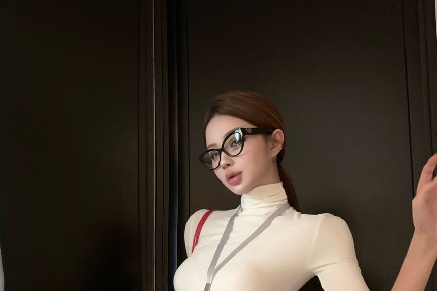 A-Line Tee Plain Skort Slit High / Slim Striped Waist Mini Fit Short-Sleeve Turtleneck