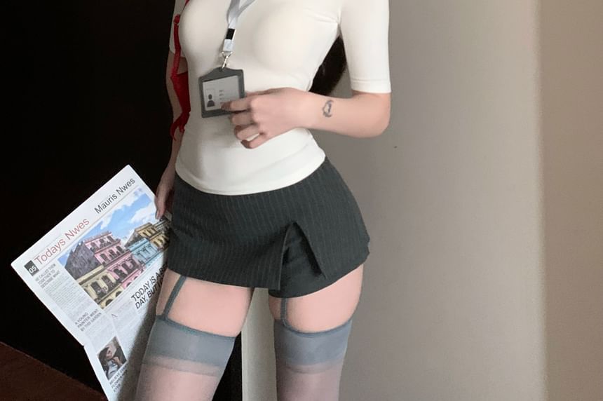 A-Line Tee Plain Skort Slit High / Slim Striped Waist Mini Fit Short-Sleeve Turtleneck