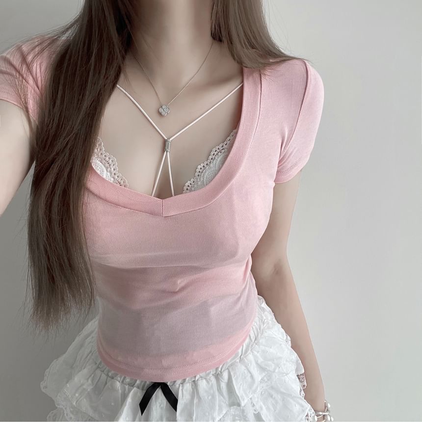 Slim Bra Fit Halter Top Plain Crop Neck Short-Sleeve / Scoop T-Shirt Lace