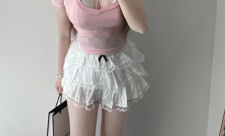 Slim Bra Fit Halter Top Plain Crop Neck Short-Sleeve / Scoop T-Shirt Lace