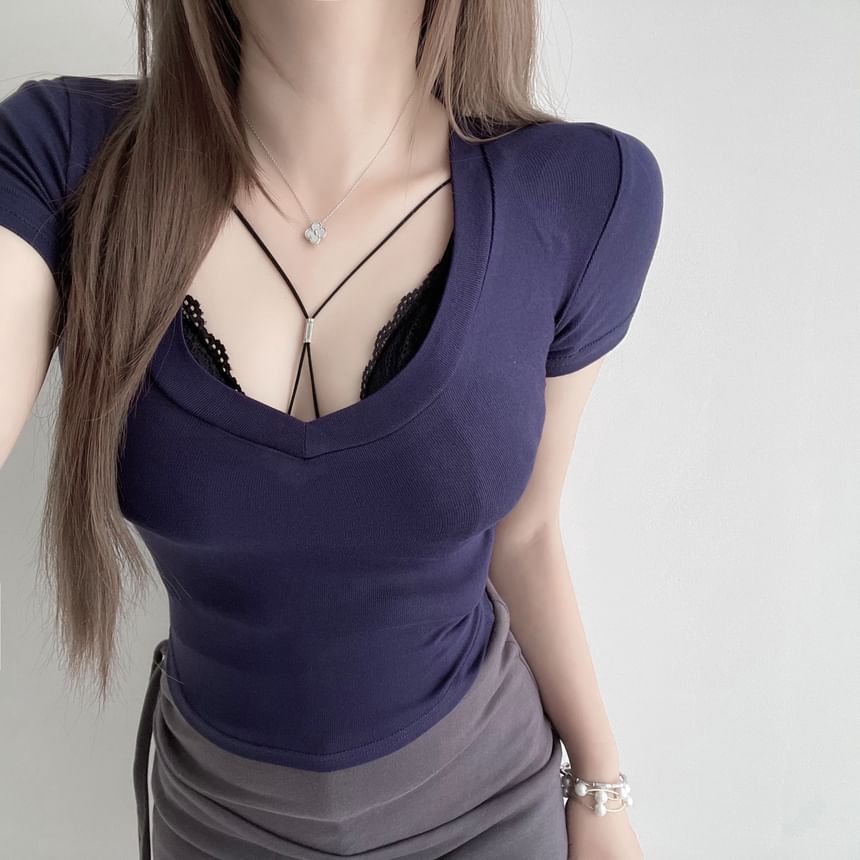 Slim Bra Fit Halter Top Plain Crop Neck Short-Sleeve / Scoop T-Shirt Lace