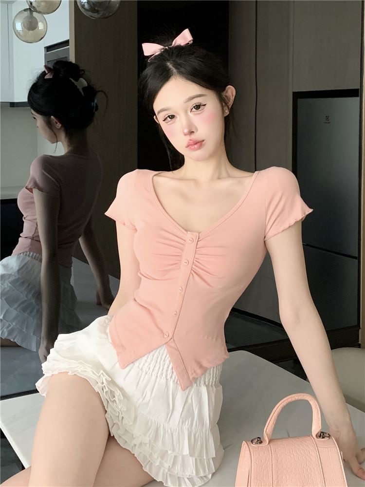 / Waist Trim Slit Short-Sleeve Mini V-Neck Tee Crop Ruched Skirt Frill Layered Plain A-Line High