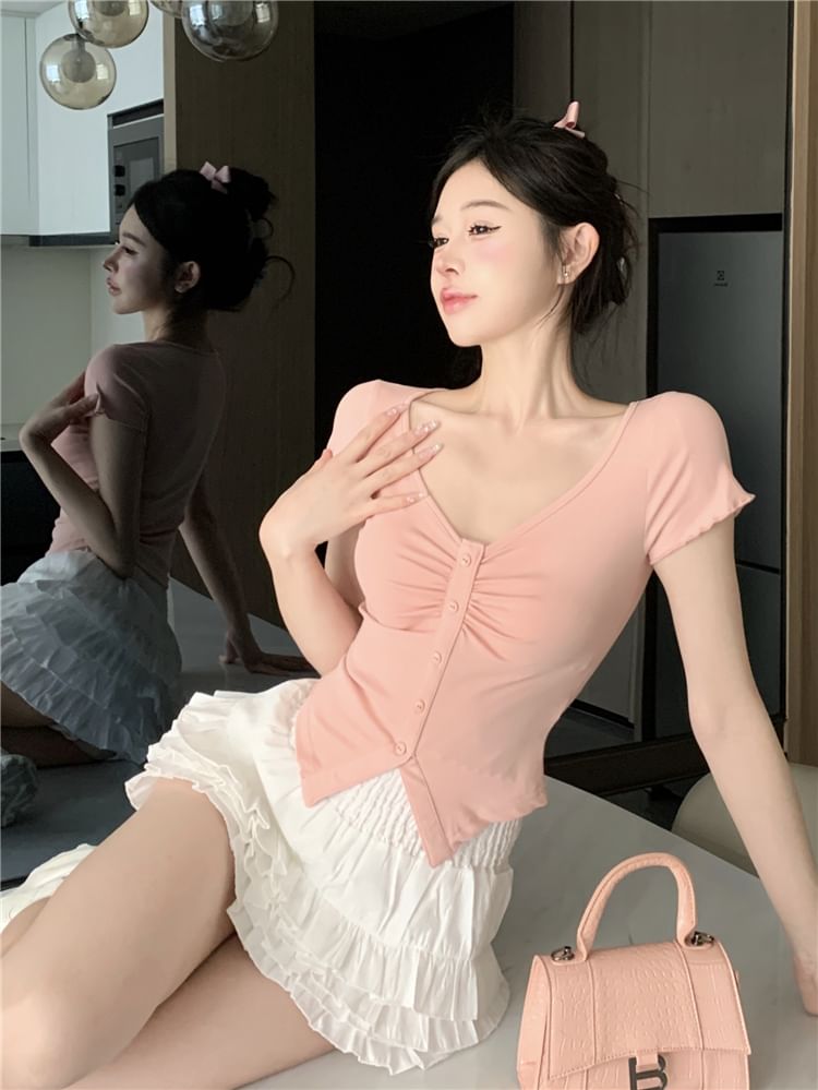/ Waist Trim Slit Short-Sleeve Mini V-Neck Tee Crop Ruched Skirt Frill Layered Plain A-Line High