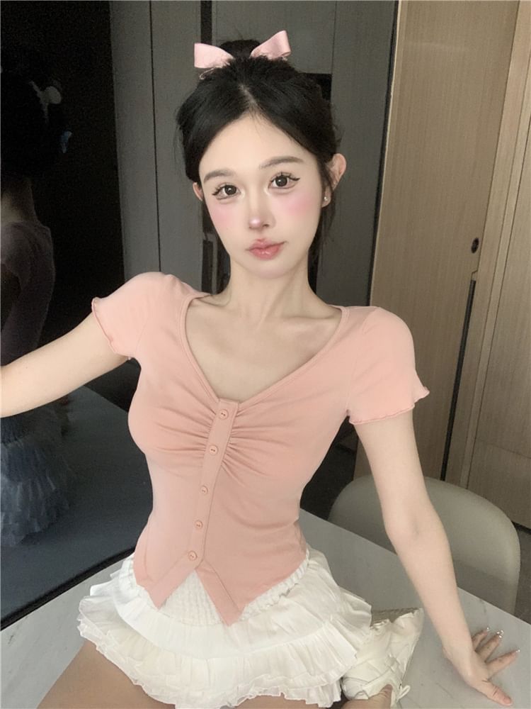 / Waist Trim Slit Short-Sleeve Mini V-Neck Tee Crop Ruched Skirt Frill Layered Plain A-Line High