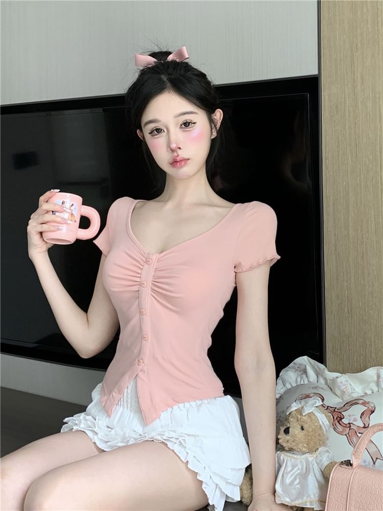 / Waist Trim Slit Short-Sleeve Mini V-Neck Tee Crop Ruched Skirt Frill Layered Plain A-Line High