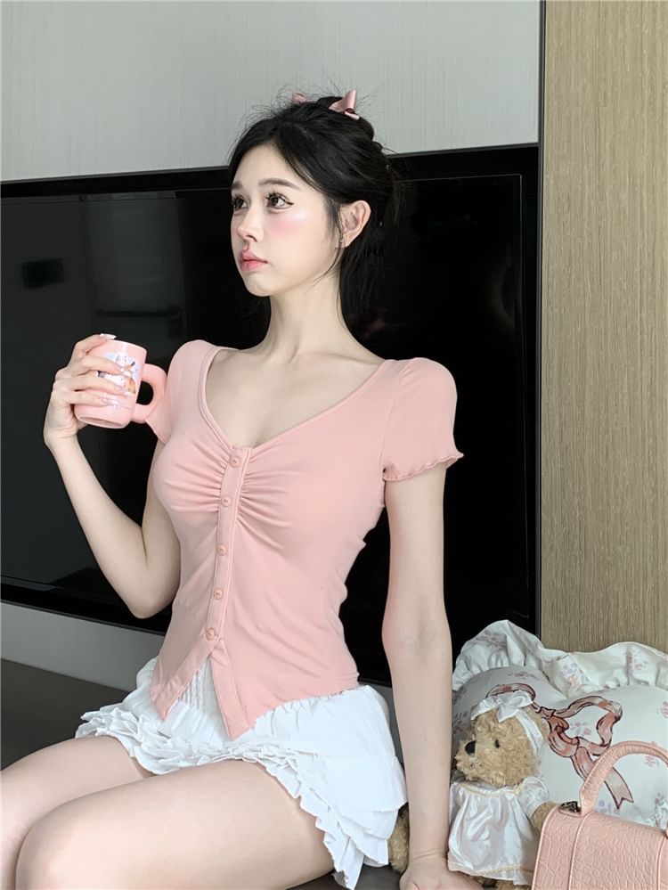 / Waist Trim Slit Short-Sleeve Mini V-Neck Tee Crop Ruched Skirt Frill Layered Plain A-Line High