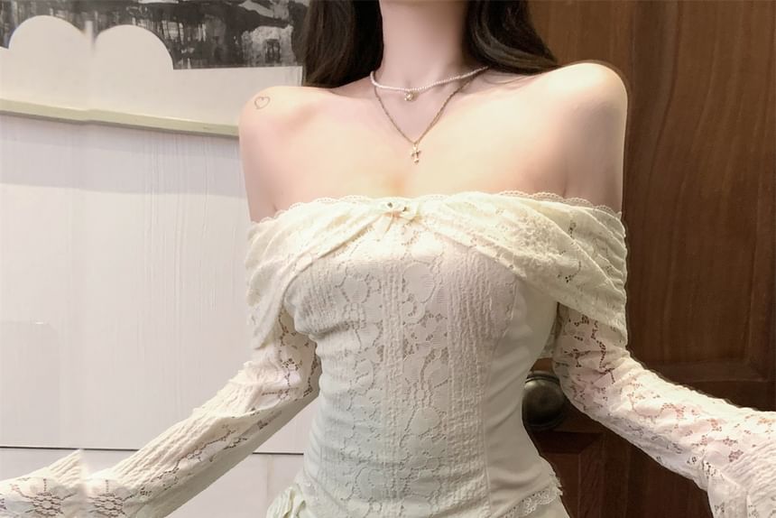 Accent Slim Mini Top Off-Shoulder Pencil Fit Floral Rise Crop Lace Skirt Long-Sleeve / Panel High