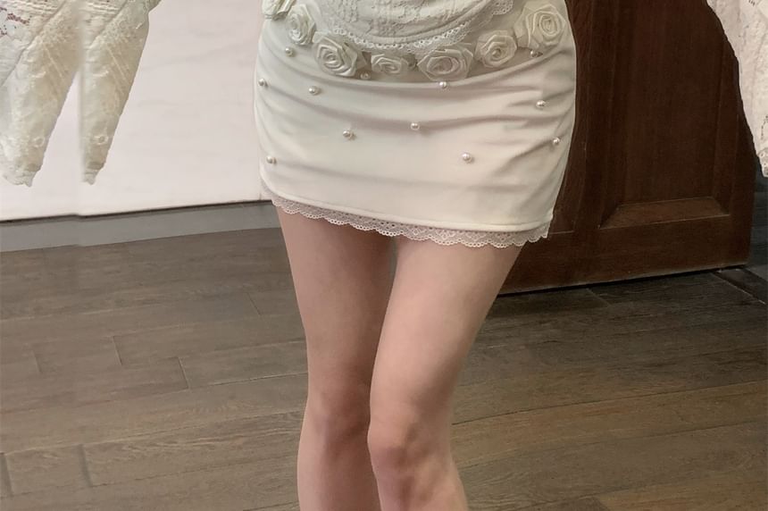 Accent Slim Mini Top Off-Shoulder Pencil Fit Floral Rise Crop Lace Skirt Long-Sleeve / Panel High