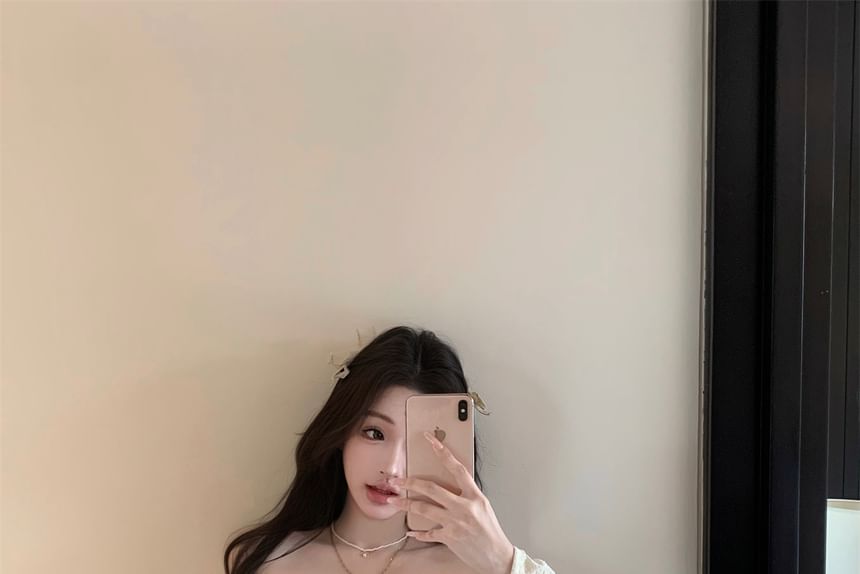 Accent Slim Mini Top Off-Shoulder Pencil Fit Floral Rise Crop Lace Skirt Long-Sleeve / Panel High