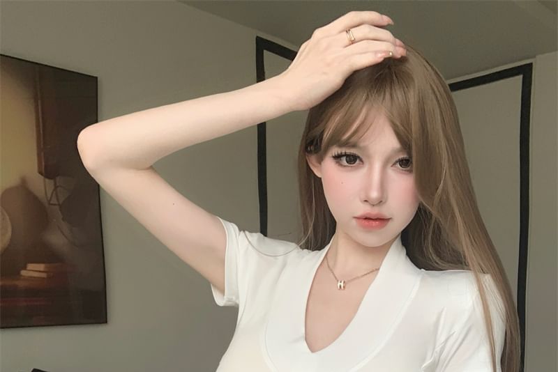 Plain Short-Sleeve Tee Fit Crop V-Neck Slim