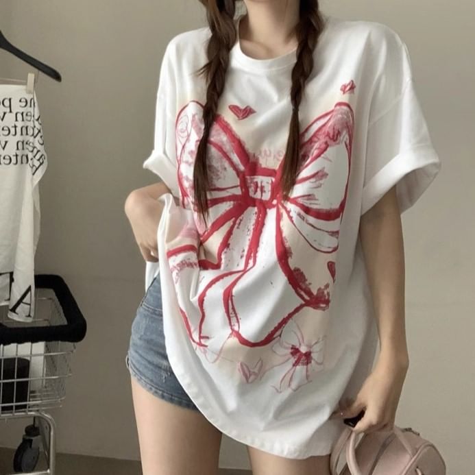 Elbow-Sleeve Round Bow Neck Print Oversized T-Shirt