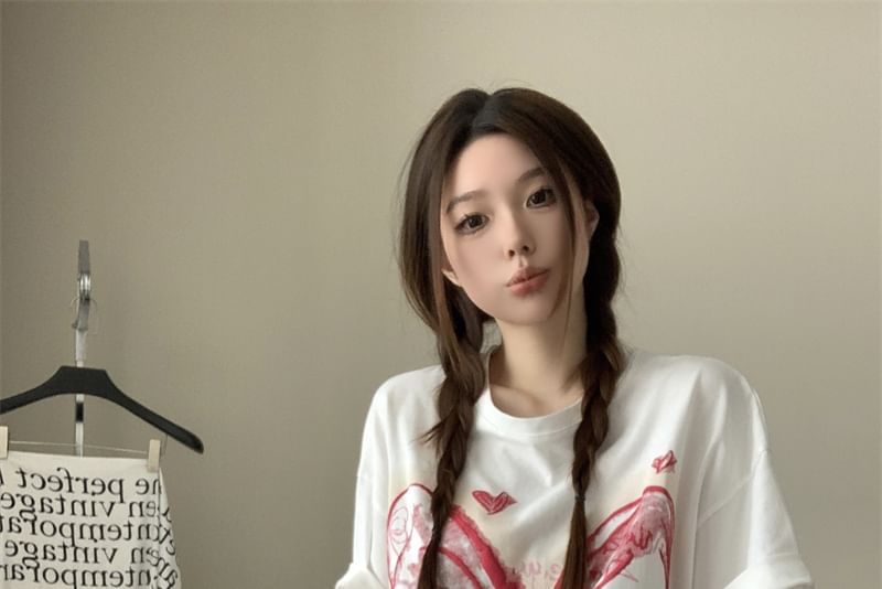Elbow-Sleeve Round Bow Neck Print Oversized T-Shirt