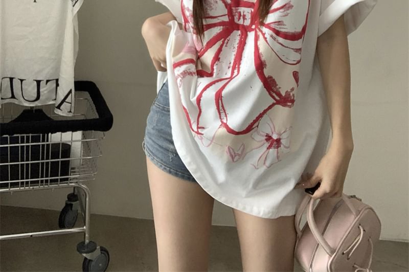 Elbow-Sleeve Round Bow Neck Print Oversized T-Shirt