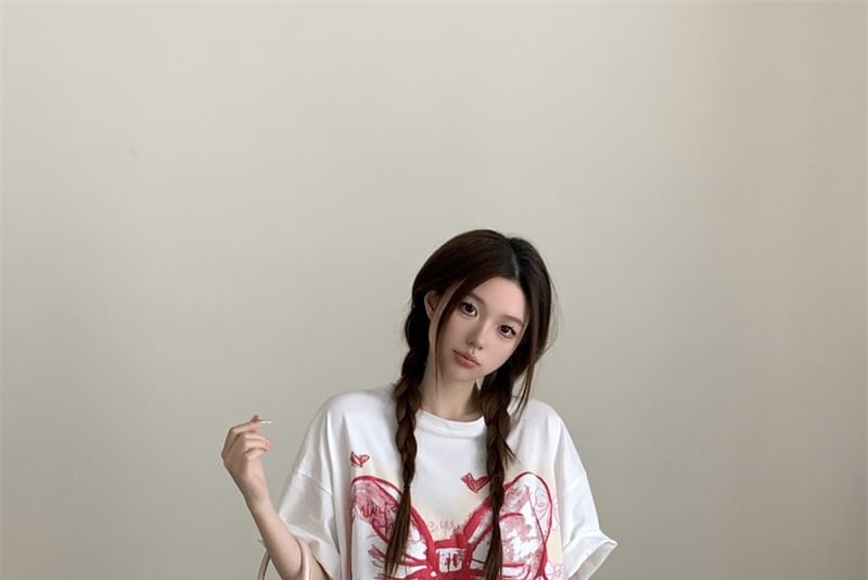 Elbow-Sleeve Round Bow Neck Print Oversized T-Shirt