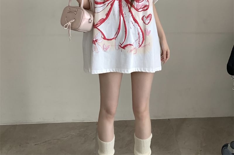 Elbow-Sleeve Round Bow Neck Print Oversized T-Shirt
