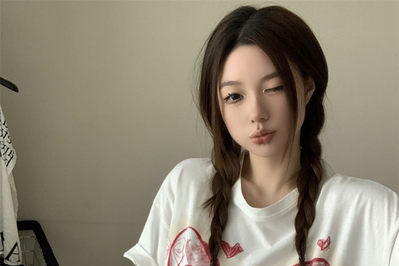 Elbow-Sleeve Round Bow Neck Print Oversized T-Shirt