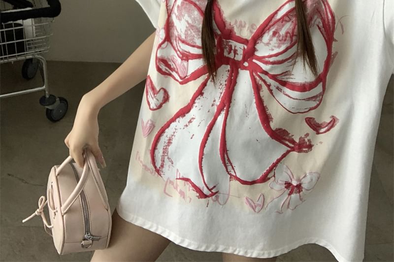 Elbow-Sleeve Round Bow Neck Print Oversized T-Shirt