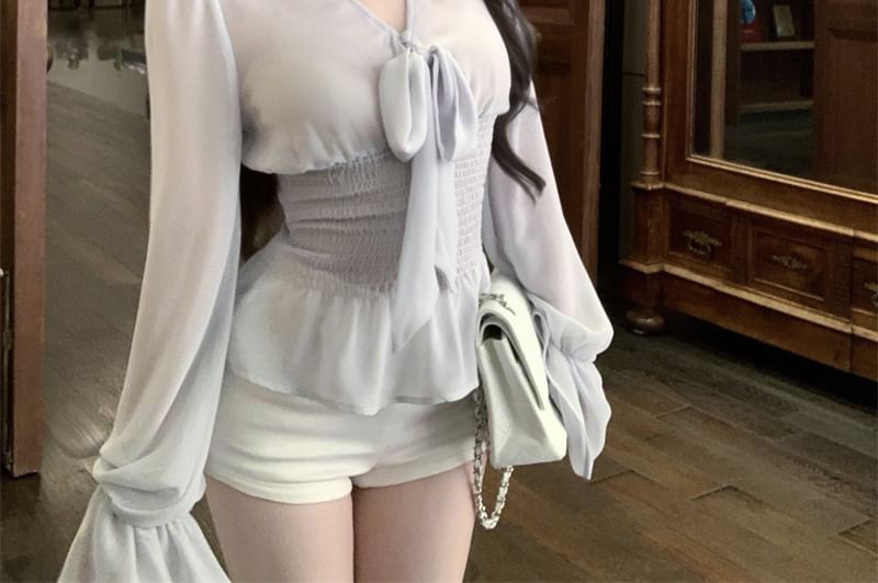 Set: Camisole Top V-Neck Bow Peplum + Sleeve Long Plain Blouse
