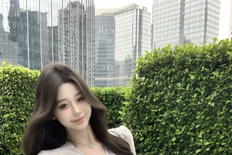 Set: Camisole Top V-Neck Bow Peplum + Sleeve Long Plain Blouse