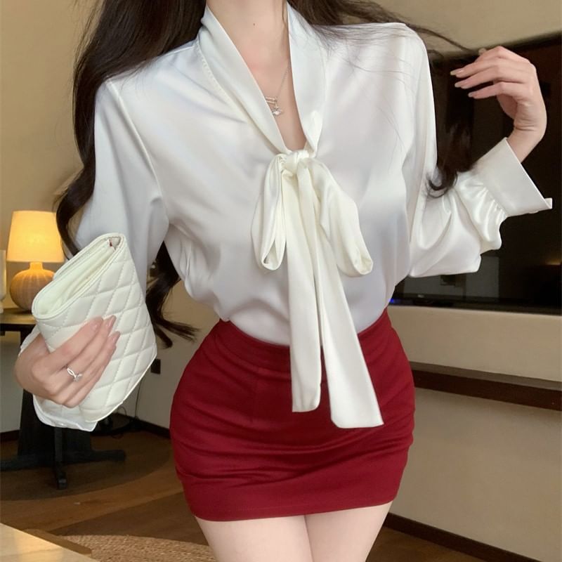 / Mini Pencil High Plain Tie Sleeve Long Neck Skirt Satin Rise Blouse