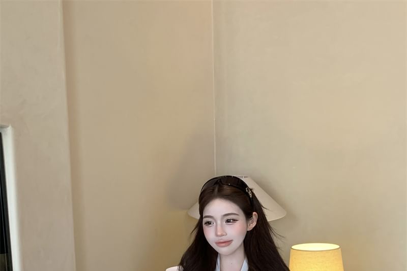 / Mini Pencil High Plain Tie Sleeve Long Neck Skirt Satin Rise Blouse