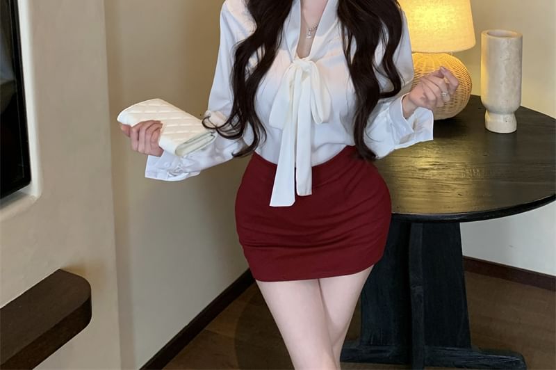 / Mini Pencil High Plain Tie Sleeve Long Neck Skirt Satin Rise Blouse