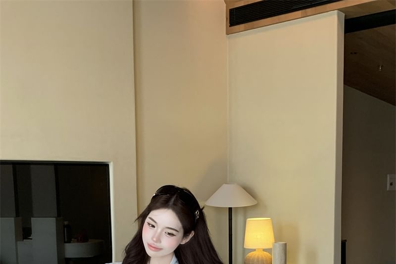 / Mini Pencil High Plain Tie Sleeve Long Neck Skirt Satin Rise Blouse