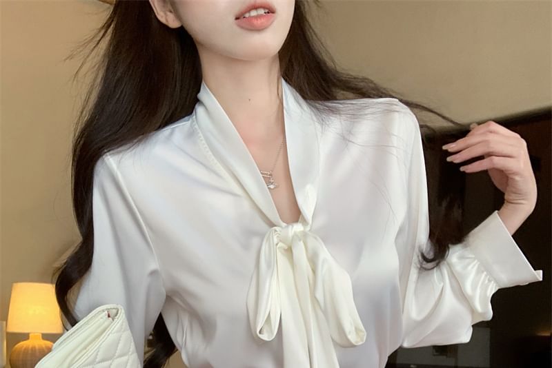 / Mini Pencil High Plain Tie Sleeve Long Neck Skirt Satin Rise Blouse