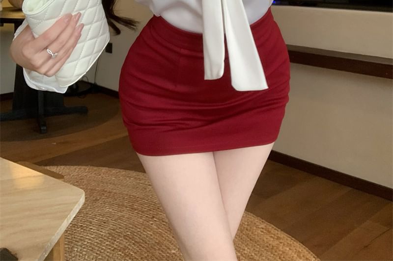 / Mini Pencil High Plain Tie Sleeve Long Neck Skirt Satin Rise Blouse