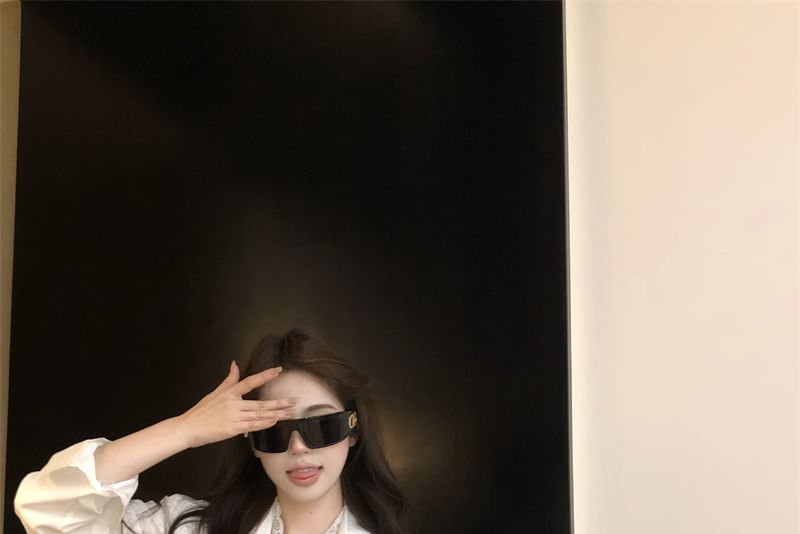 Plain Shirt Panel Lace Long Collared Sleeve