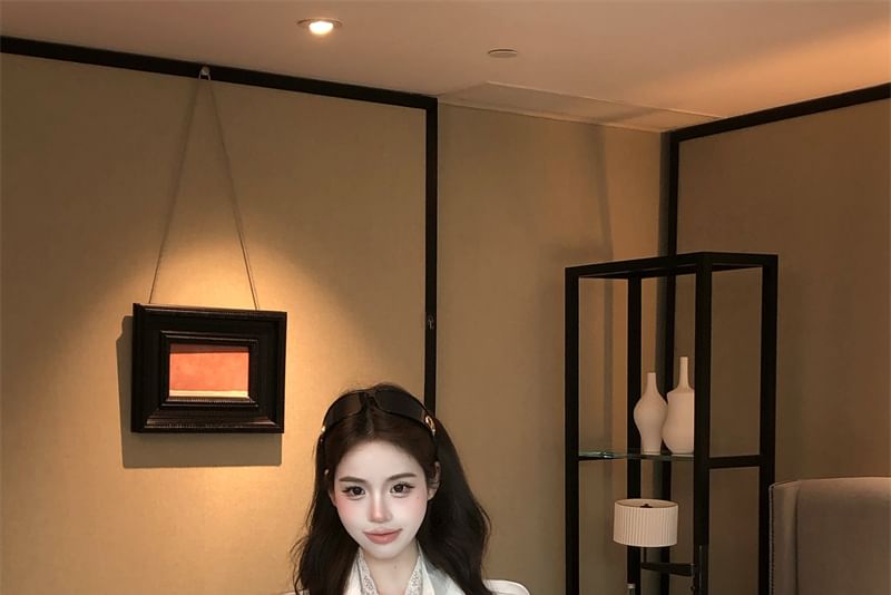 Plain Shirt Panel Lace Long Collared Sleeve