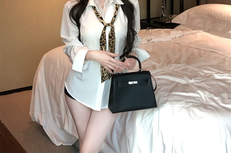 Plain Shirt Panel Lace Long Collared Sleeve