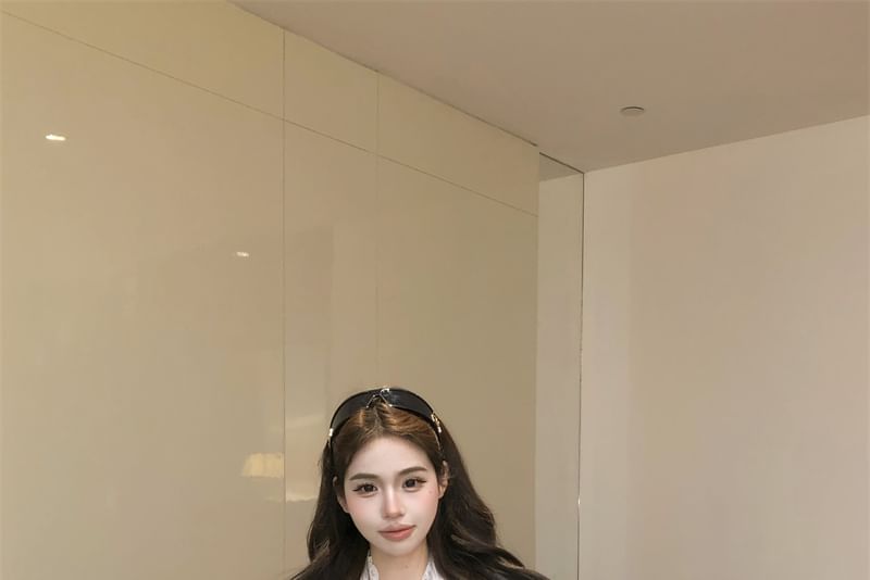 Plain Shirt Panel Lace Long Collared Sleeve