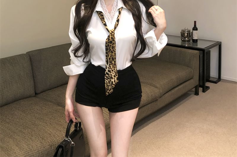 Plain Shirt Panel Lace Long Collared Sleeve