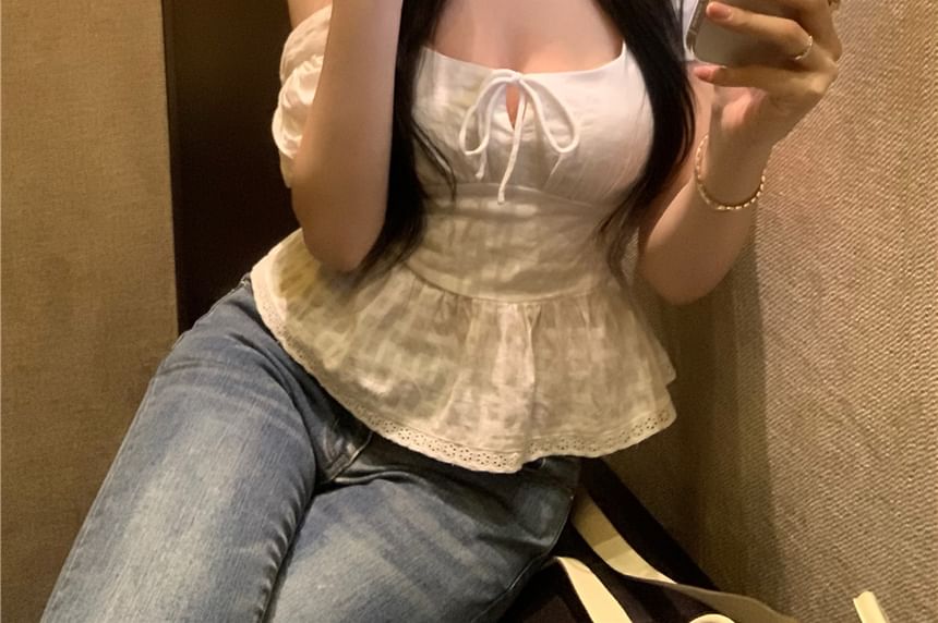 Square Neck Peplum Blouse Sleeve Plain Front Short Tie