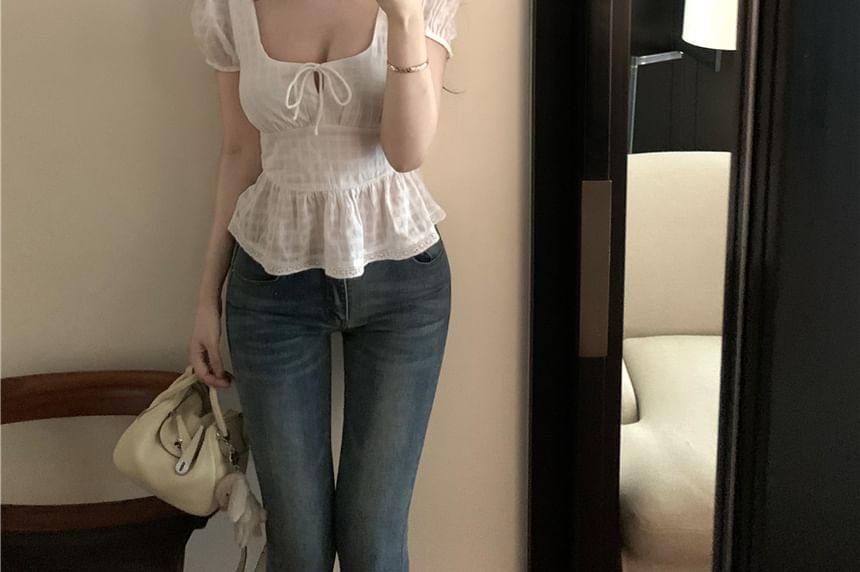 Square Neck Peplum Blouse Sleeve Plain Front Short Tie