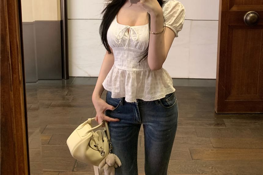 Square Neck Peplum Blouse Sleeve Plain Front Short Tie