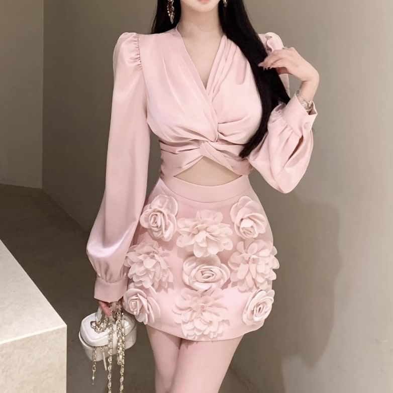 Applique Rise Skirt Mini Plain Sleeve / V-Neck Crop Floral Pencil Blouse High Long Ruched