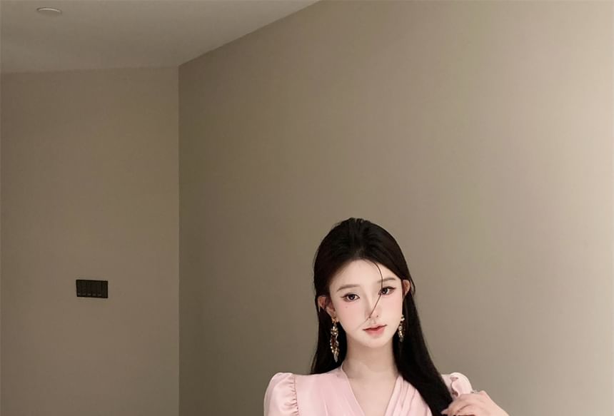 Applique Rise Skirt Mini Plain Sleeve / V-Neck Crop Floral Pencil Blouse High Long Ruched