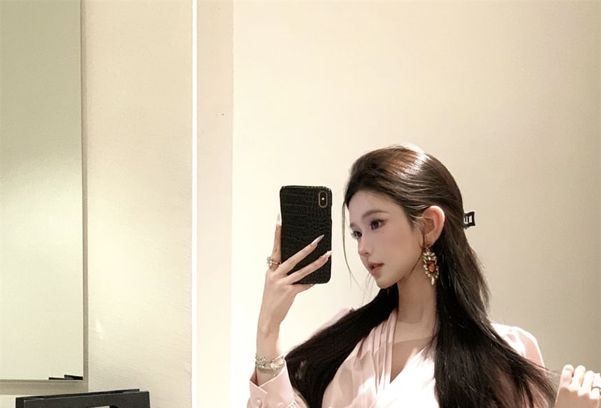 Applique Rise Skirt Mini Plain Sleeve / V-Neck Crop Floral Pencil Blouse High Long Ruched