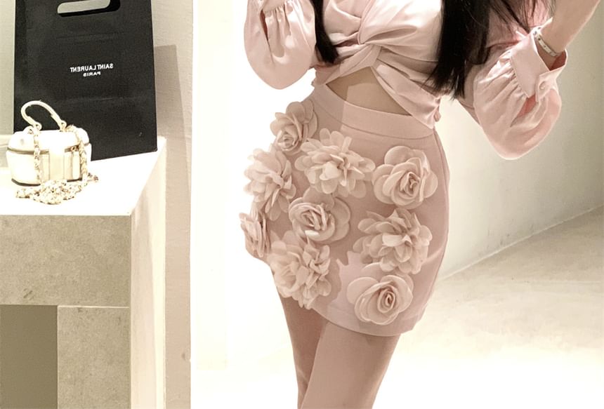 Applique Rise Skirt Mini Plain Sleeve / V-Neck Crop Floral Pencil Blouse High Long Ruched