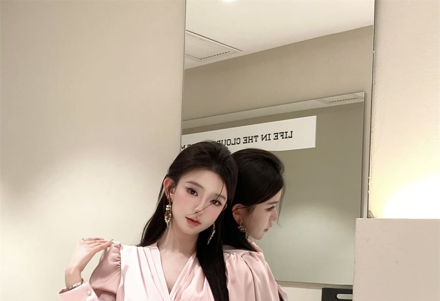 Applique Rise Skirt Mini Plain Sleeve / V-Neck Crop Floral Pencil Blouse High Long Ruched