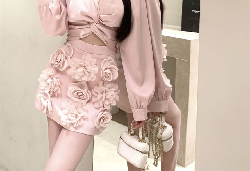 Applique Rise Skirt Mini Plain Sleeve / V-Neck Crop Floral Pencil Blouse High Long Ruched